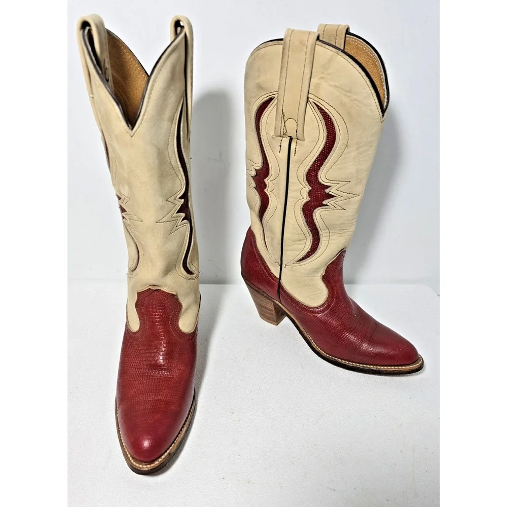 Vintage FRYE Tan Red Leather Bench Crafted Cowgirl Western Ladies Boots Sz 6B - Picture 1 of 16